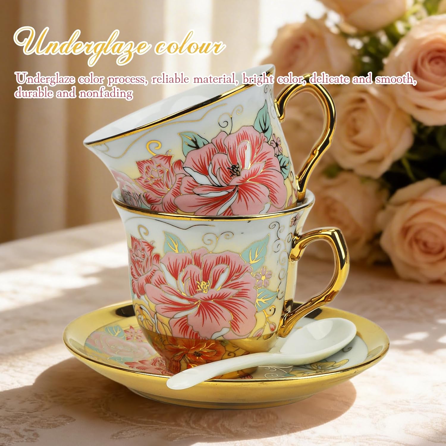 20 Pcs Porcelain Tea Set with Metal Holder and Spoon, European Ceramic Tea Set for Adults, European Flower Painting Teapot Cup Saucer Spoon Set for 6, Gift Pack (Pink and Gold) image 5
