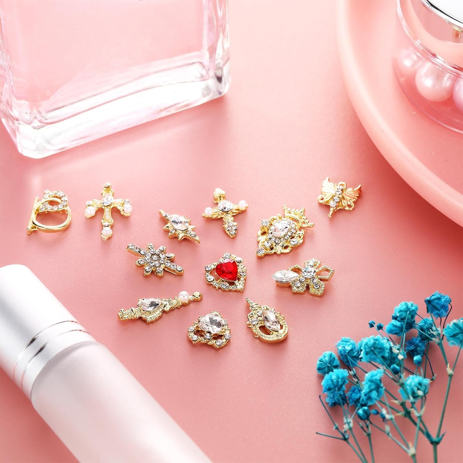 Maitys 48 Pcs Gold Nail Charms 3D Nail Heart Gems Charms Rhinestones 24 Styles Y2k Cross Heart Shiny Diamonds Dangle Crystals Jewels Decoration with Storage Box for Women DIY Hand Craft Jewelry Making