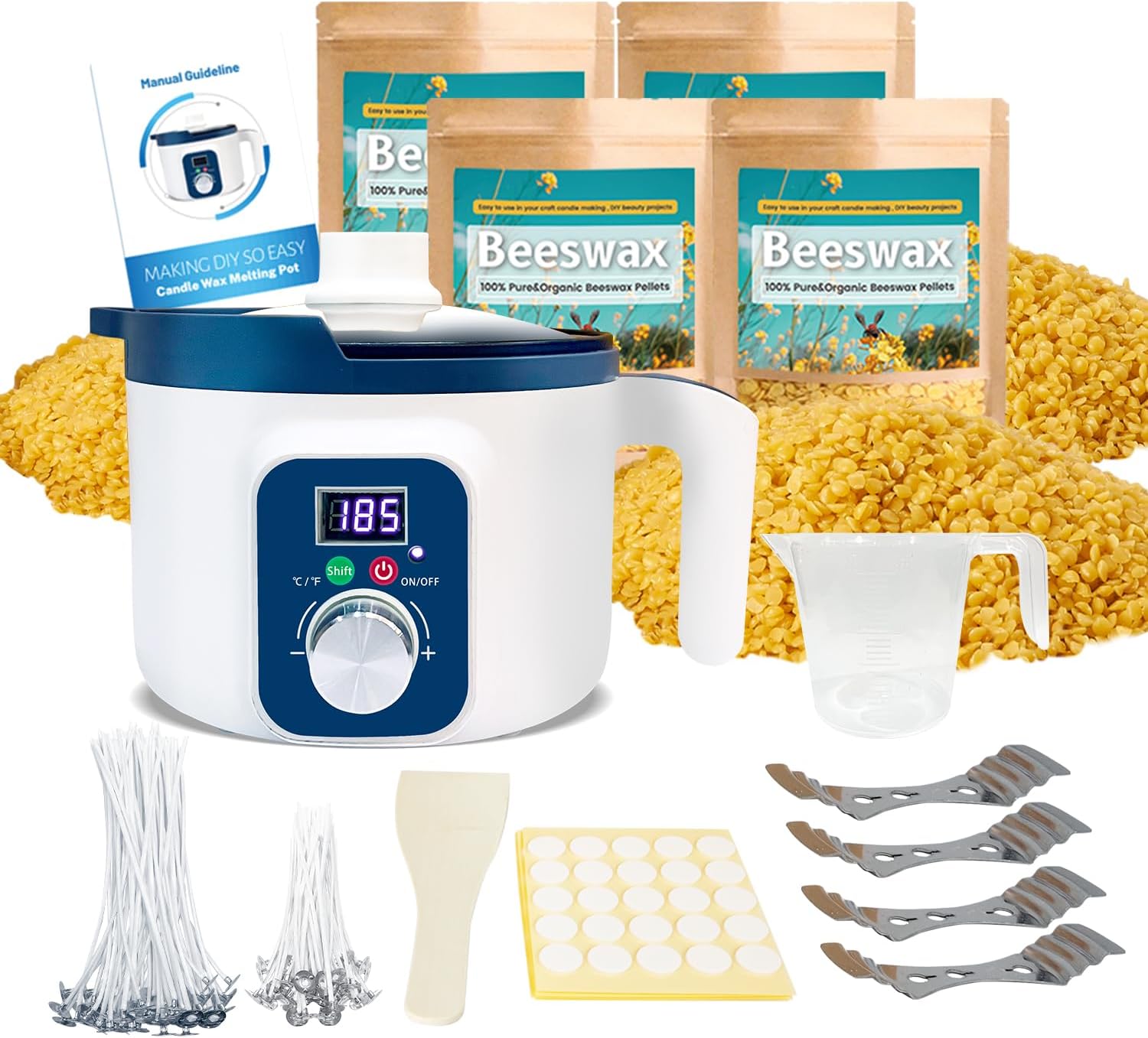 Beeswax Candle Making Kit for Adult, 4lb Wax for Candle Making, Including Organic Beeswax with Digital Wax Melter, Cotton Wick, Wick Stickers