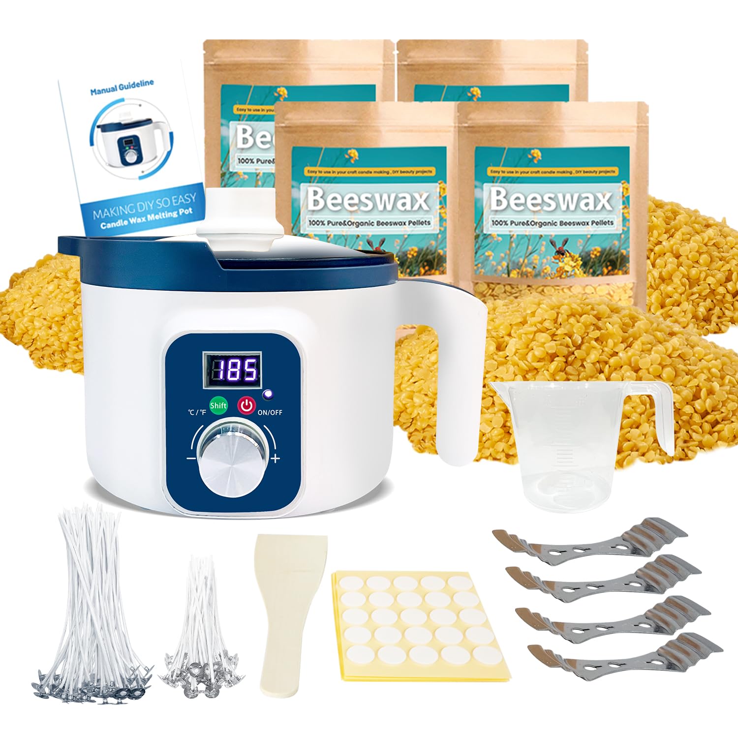 Kit para hacer velas de cera de abejas para adultos, 1,8 kg de cera para hacer velas, incluye cera de abejas orgánica con derretidor de cera digital, mecha de algodón y pegatinas para mecha.