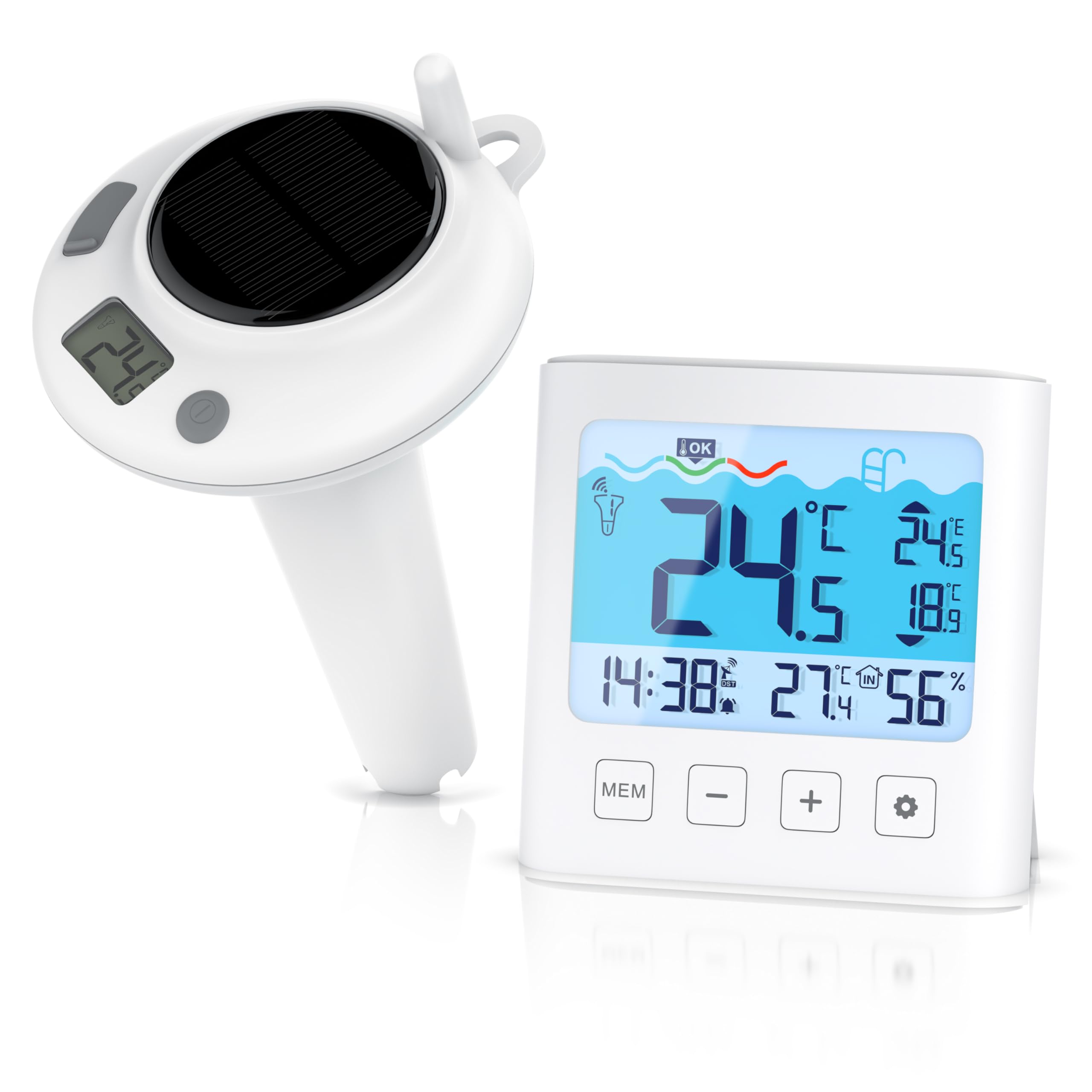 CSL – Solar Poolthermometer Funk mit Display – Temperaturanzeige – Luftfeuchtigkeit – Innen- & Außentemperatur - Pool Schwimmbecken Schwimmbad Whirlpool - Pool Thermometer