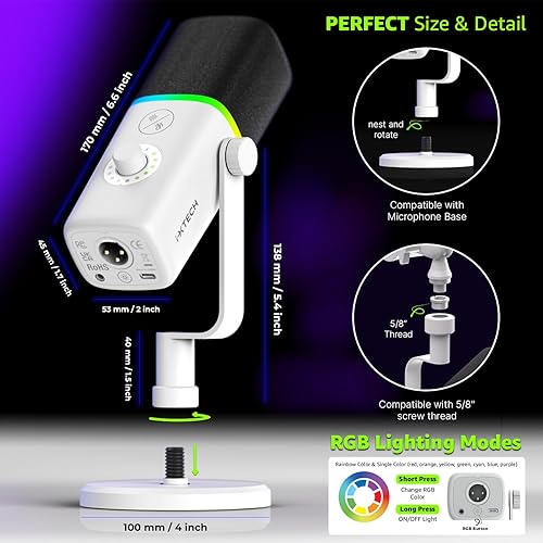 Miniatura 6 de IXTECH Micrófono USB para juegos para PC, micrófono condensador con cancelación de ruido para podcasts y transmisión de video con soporte para