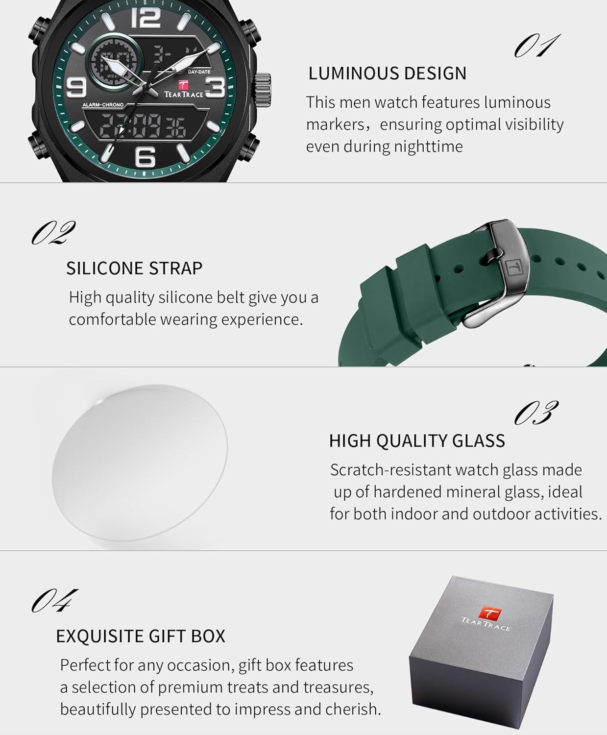 Men's Watch Analog-Digital Chronograph Waterproof Sport Watch Calendar Date Luminous Alarm Casual Work Hiking Running Wrist Watch with Second Hand and Silicone Strap - Image 4