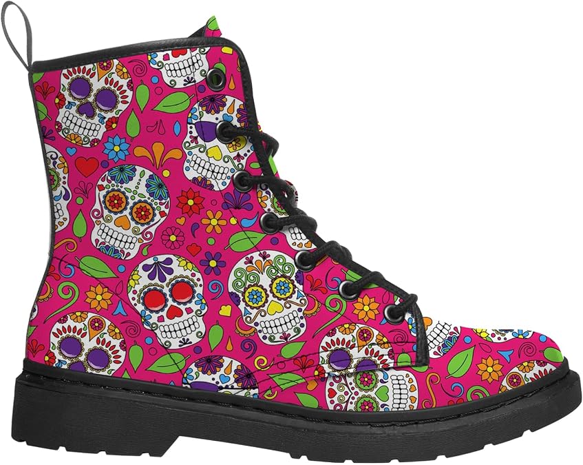 Women's Men's Sugar Skull Boots Skull Combat Boot Lace Up Fashion Ankle Leather Boots