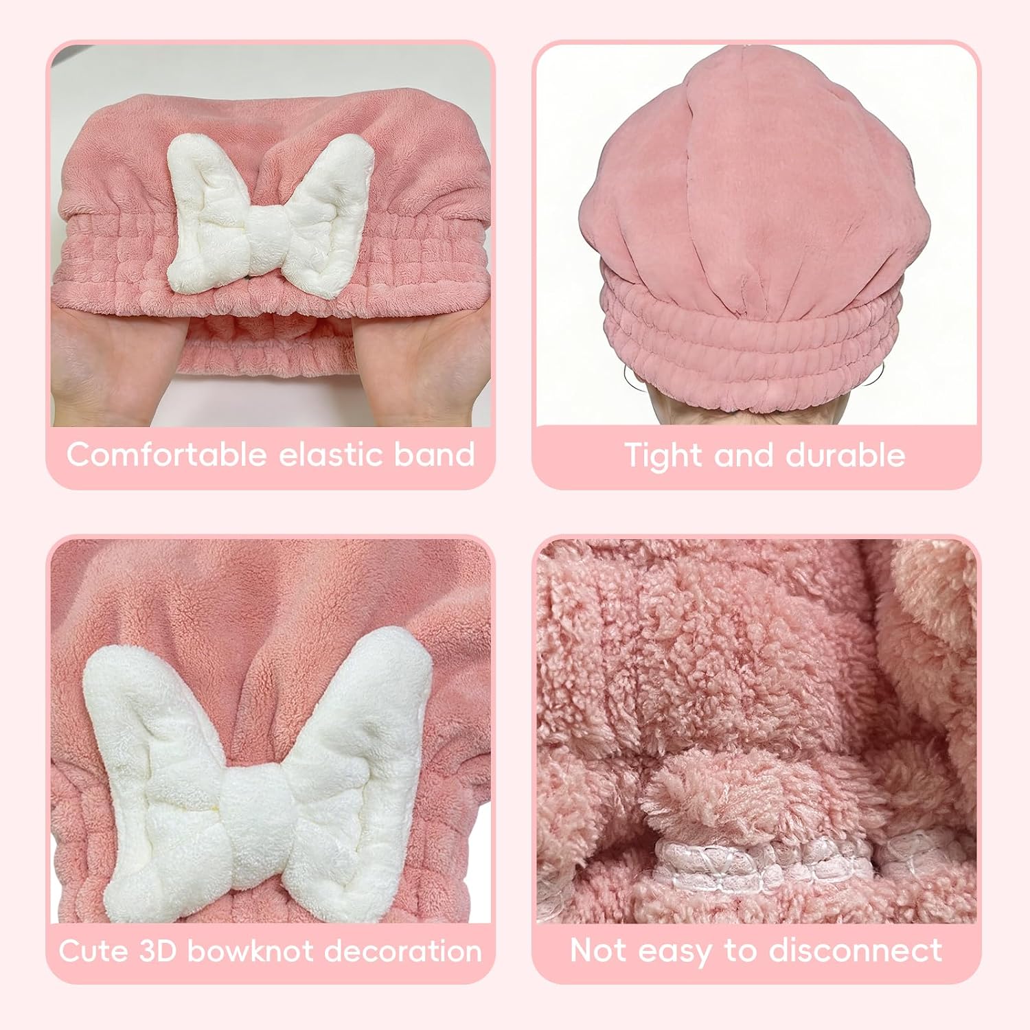2 Pcs Microfiber Hair Towel Cap for Women, Super Soft Absorbent Quick Dry Hair Towel Wrap with Bow Knot, Fast Drying Anti Frizz Hair Turban for Curly Long Thick Wet Hair Care 10''x11'' (Pink)