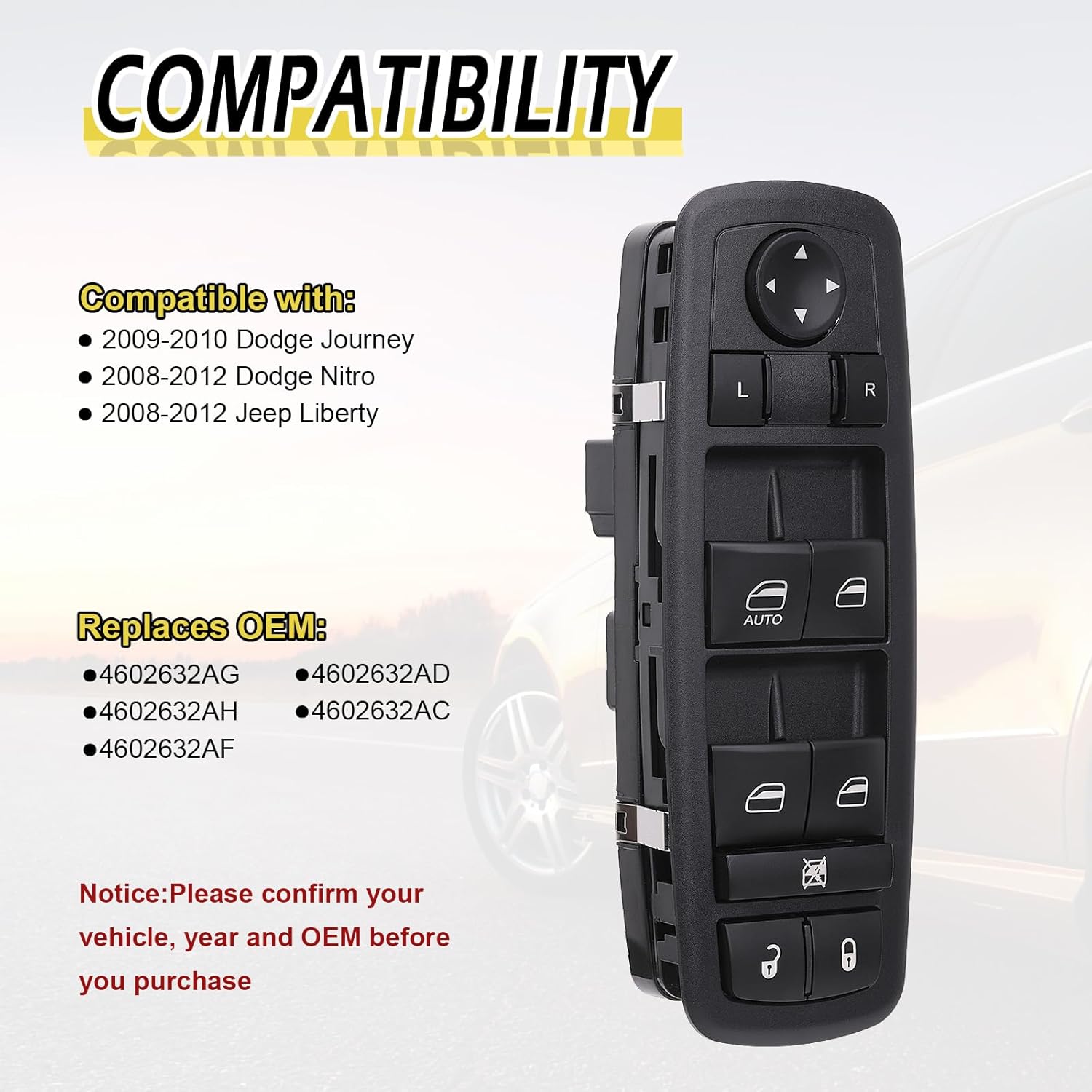 Vurkcy Power Window Switch Master Door Lock Control Fit for 2009-2010 Dodge Journey, 2008-2012 Jeep Liberty, 2007-2012 Dodge Nitro, Replaced 4602632AD, 4602632AG, 8+13 Pins, 1 AUTO, Green Light