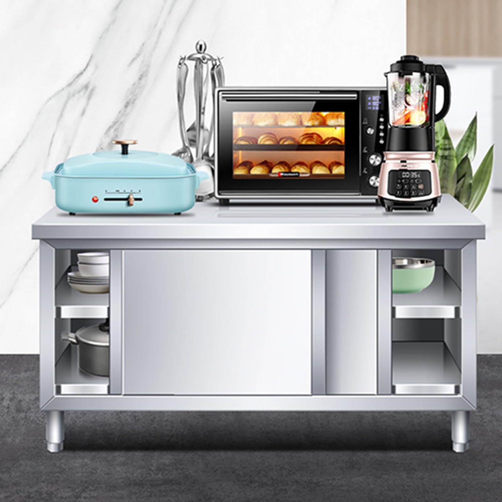 Tavolo da Lavoro per Cucina Commerciale, Tavolo da Lavoro in Acciaio Inossidabile, Tavolo da Preparazione per Impieghi Gravosi con Mobiletto a 2 Strati, per Casa, Ristorante, Garage, Magazzino(80*60*8