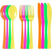 300 Pack Neon Party Disposable Plastic Silverware Heavy Duty, Plastic Cutlery Set, Forks and Spoons Knives Set for Birthday Party Prom Night, WeddingsOrange,Green, Hot Pink, Yellow Colors