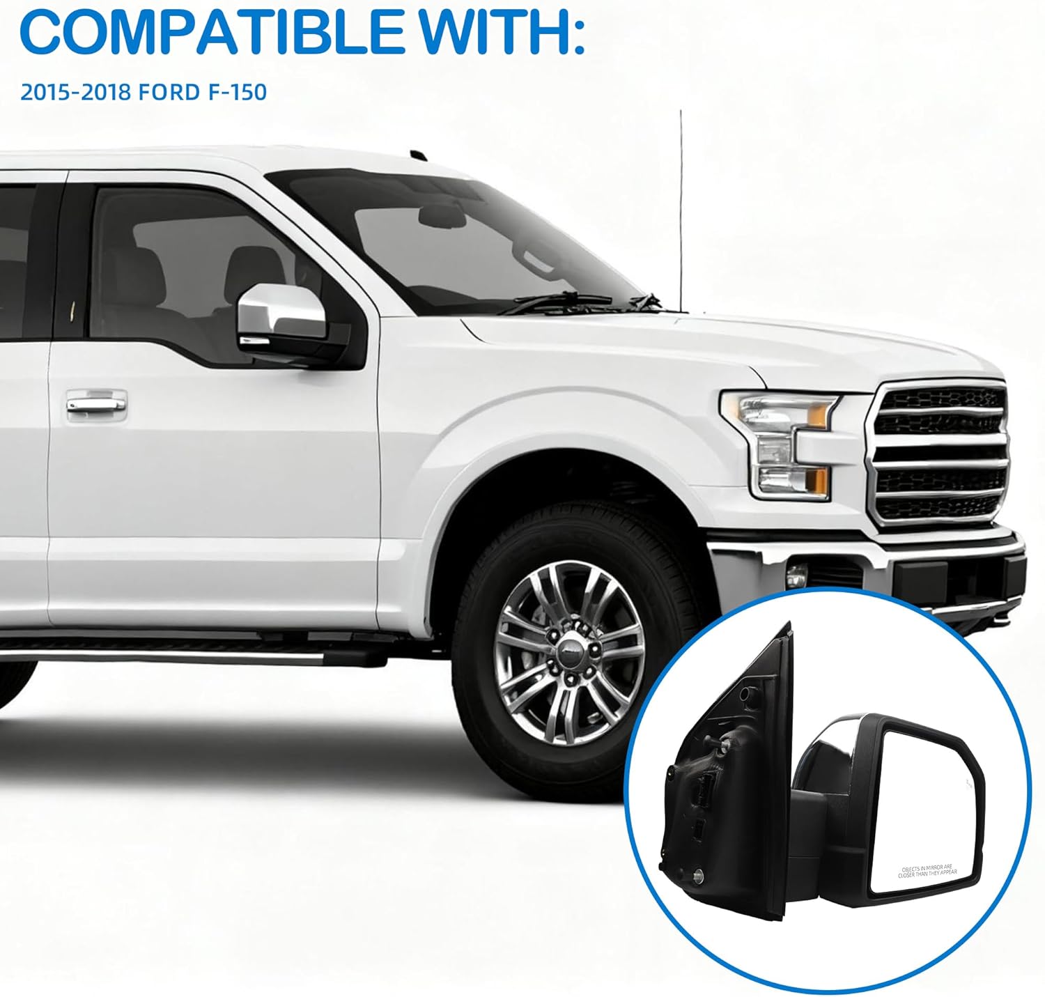 FL3Z17682PB 18+4 Pins Right Passenger Side Compatible With 2015-2018 Ford F-150 Chrome Power Mirror Assembly W/Memory Heated Folding Turn Signal Ground Light Width Light Blind Spot Camera