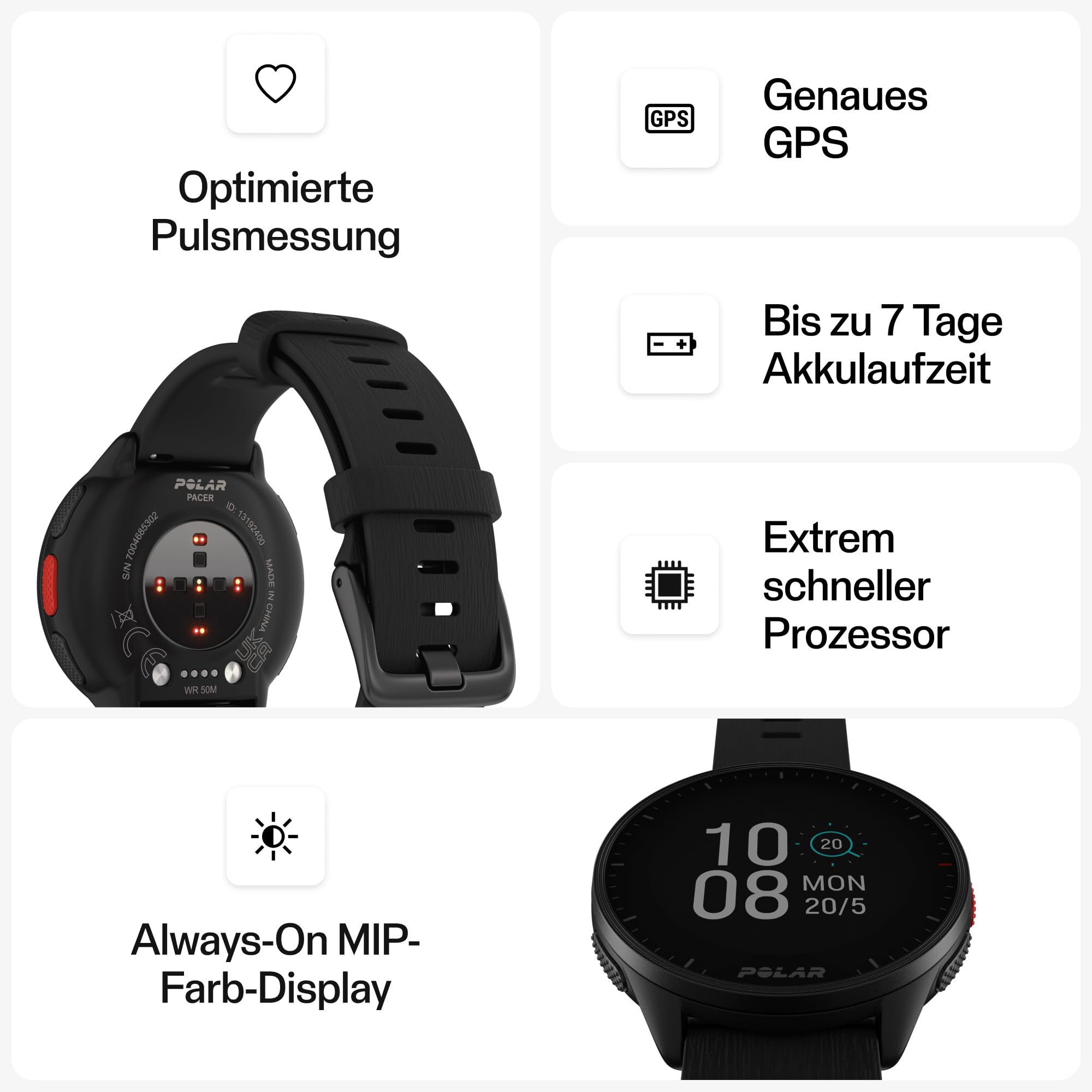 Polar Pacer - GPS-Laufuhr - sehr schneller Prozessor - Ultraleicht - helles Display - griffige Tasten - personalisiertes Trainingsprogramm & Erholungsfunktionen - Pulsmesser - Musiksteuerung