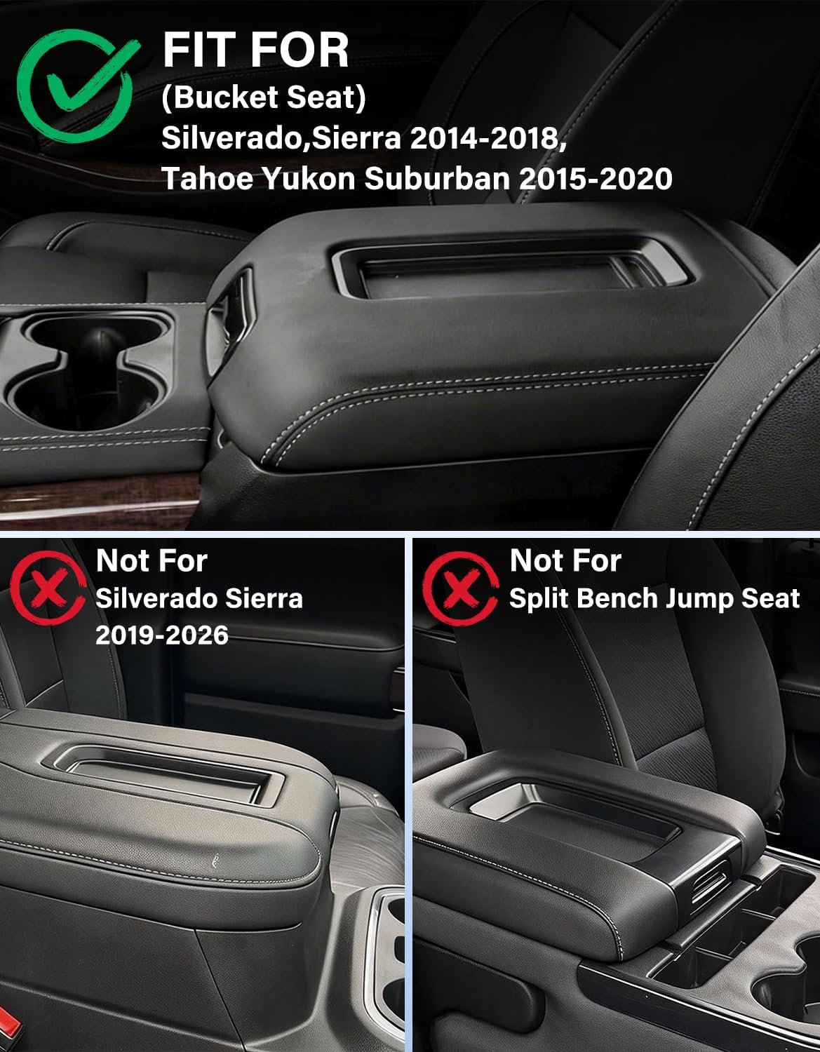 Center Console Armrest Cover for Chevy Chevrolet Silverado/GMC Sierra 2014-2018, Tahoe/Yukon/Suburban 2015-2020, PU Leather Middle Console Lid Protector Cushion Anti-Scratch Pad, Black(Bucket Seat)