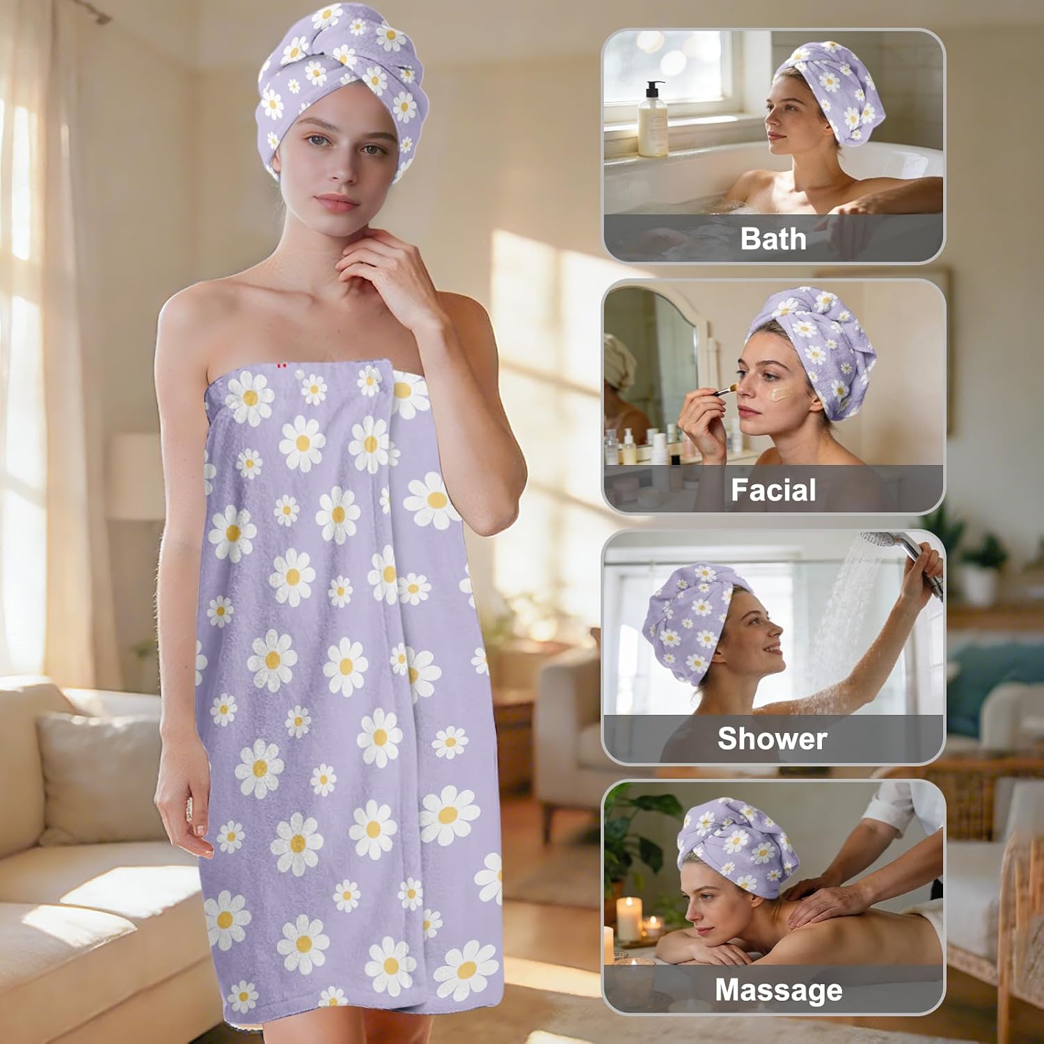 Absorbent Bath Towel Wrap Set for Women, Purple Daisy Print Towel Wrap After Shower, Microfiber Shower Robe Body Towel Wraps for Women, Quick Dry Hair Towels Wraps for Spa Hotel Beach Girl Teen