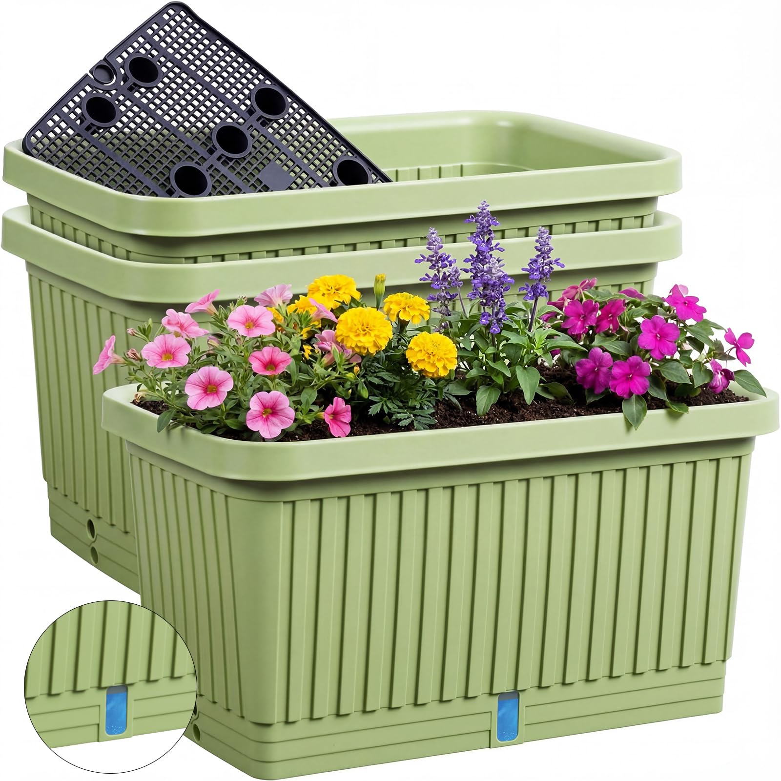 3 Pcs 20 Inches Large Planter Boxes Deep Rectangular Planter Boxes Outdoor Lightweight Plastic Planting Flower Pot with Drainage Holes Plant Pot for Patio, Courtyard, Lawn, Outdoor