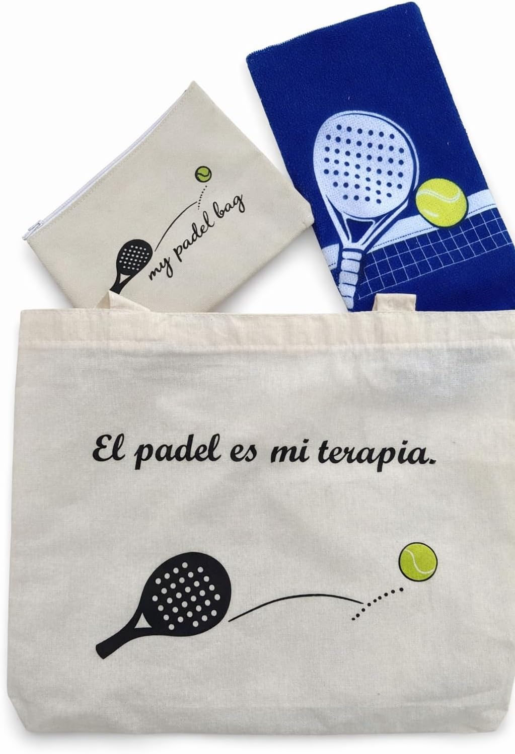 Tennis-Padel Gift Set for Women – Bilingual Edition – Cosmetic Bag, Microfiber Towel & Canvas Tote – 3 Piece Travel Bundle for Padel Lovers