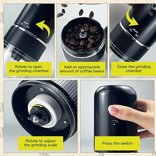 Miniatura 5 de Molinillo de café portátil, molinillo de café eléctrico recargable USB-C con cepillo de limpieza, molinillo de café con rebabas cónicas para uso