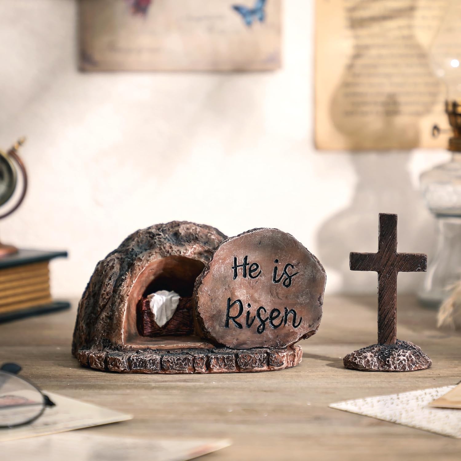 Easter Decor Empty Tomb with Cross - Decorations for Home He is Risen Statue : Nativity Scene Set Religious Jesus Manger Resin Table Tabletop Shelf Indoor Outdoor Gifts for Christian Home Decor