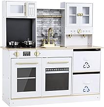 MAMIZO Children's Wooden Kitchen Toy with Simulated Light and Sound Effects, Children's Kitchen with 2 Storage Boxes, Kitchen Toy for Children from 3 Years, 90 x 30 x 90 cm, White