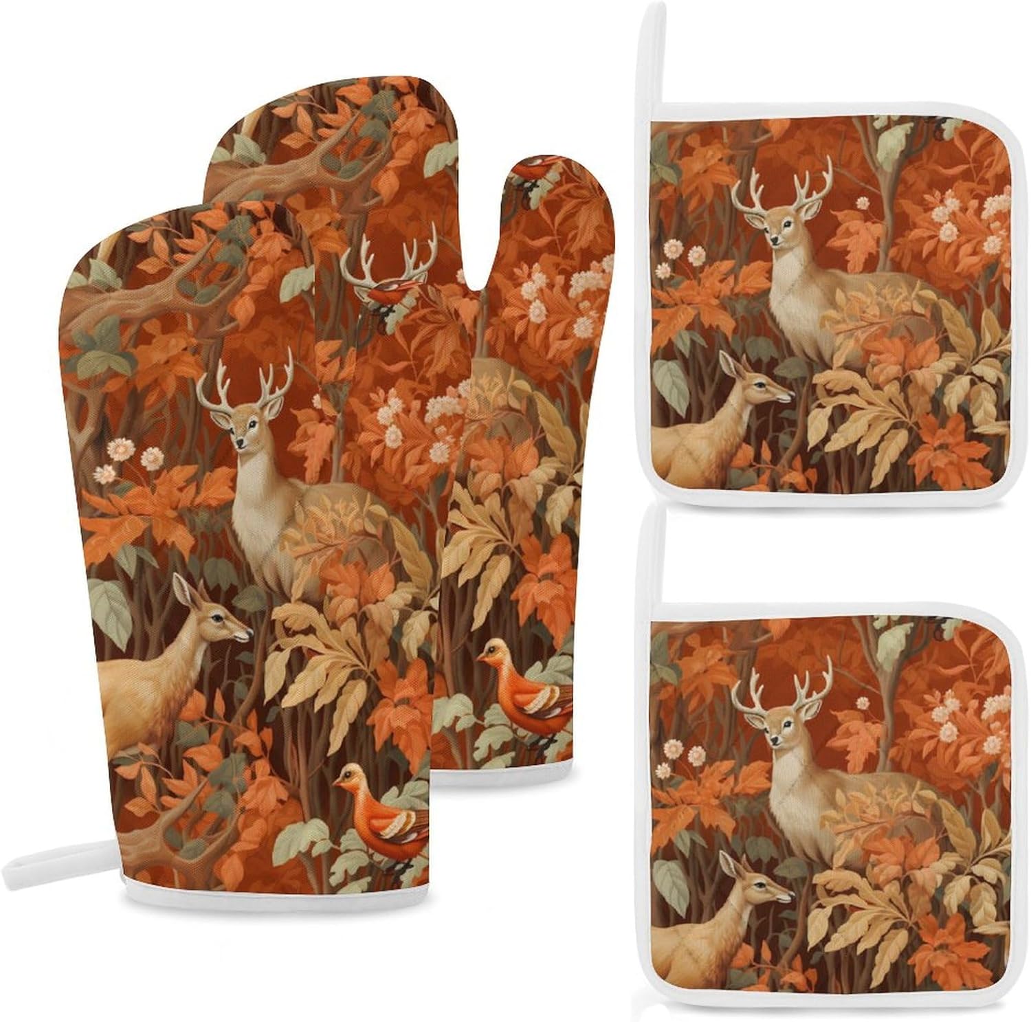 Animals Deer 4 Pcs Oven Mitts and Pot Holders Set High Heat Resistant Long Kitchen Oven Glove Potholders