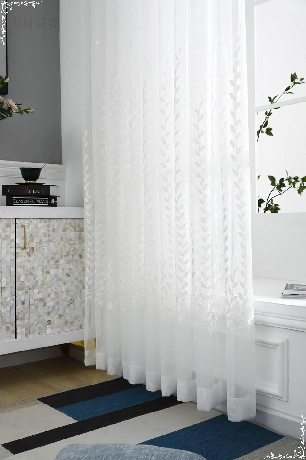 Daesar Transparent Curtains for Bedroom 2 Panels Set 72 Inch Length, Eyelet Sheer Curtains Embroidered Wheat Leaves Pattern Voile Curtains for Living Room Window Treatment, 34x72 Inch White