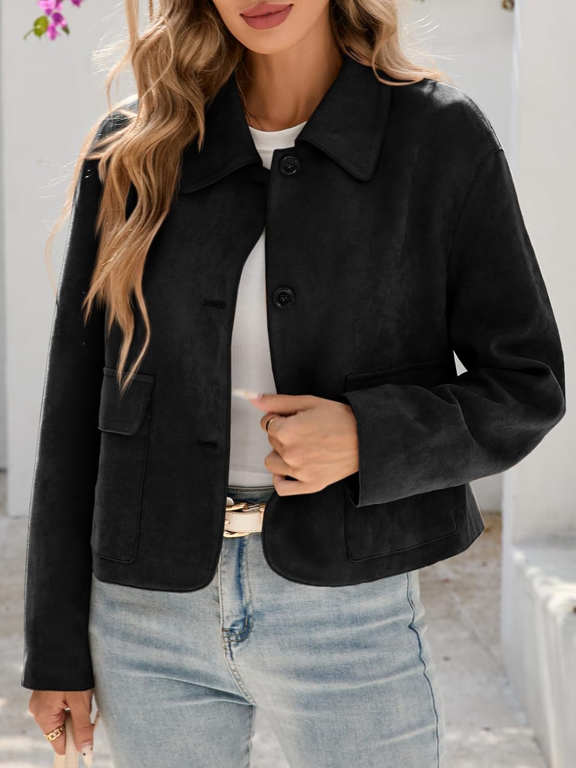 Tankaneo Womens Faux Suede Leather Jackets Casual Cropped Coats Vintage Button Down Shackets - Image 4