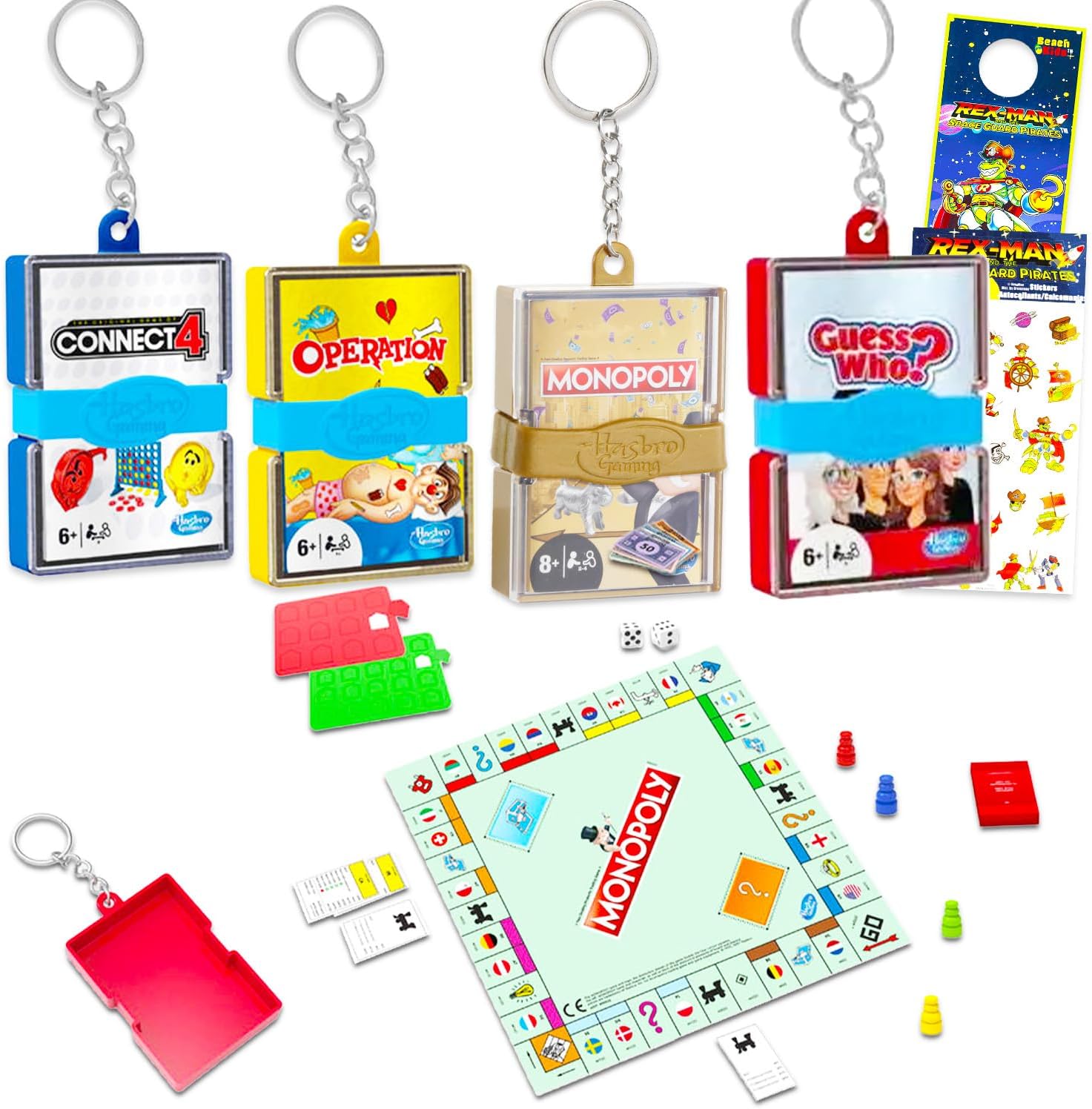 Hasbro Mini Games 4 Pack - Keychain Mini Games Connect 4, Operation, Guess Who, Monopoly Plus Stickers | Travel Board Games for Kids, Multicolor