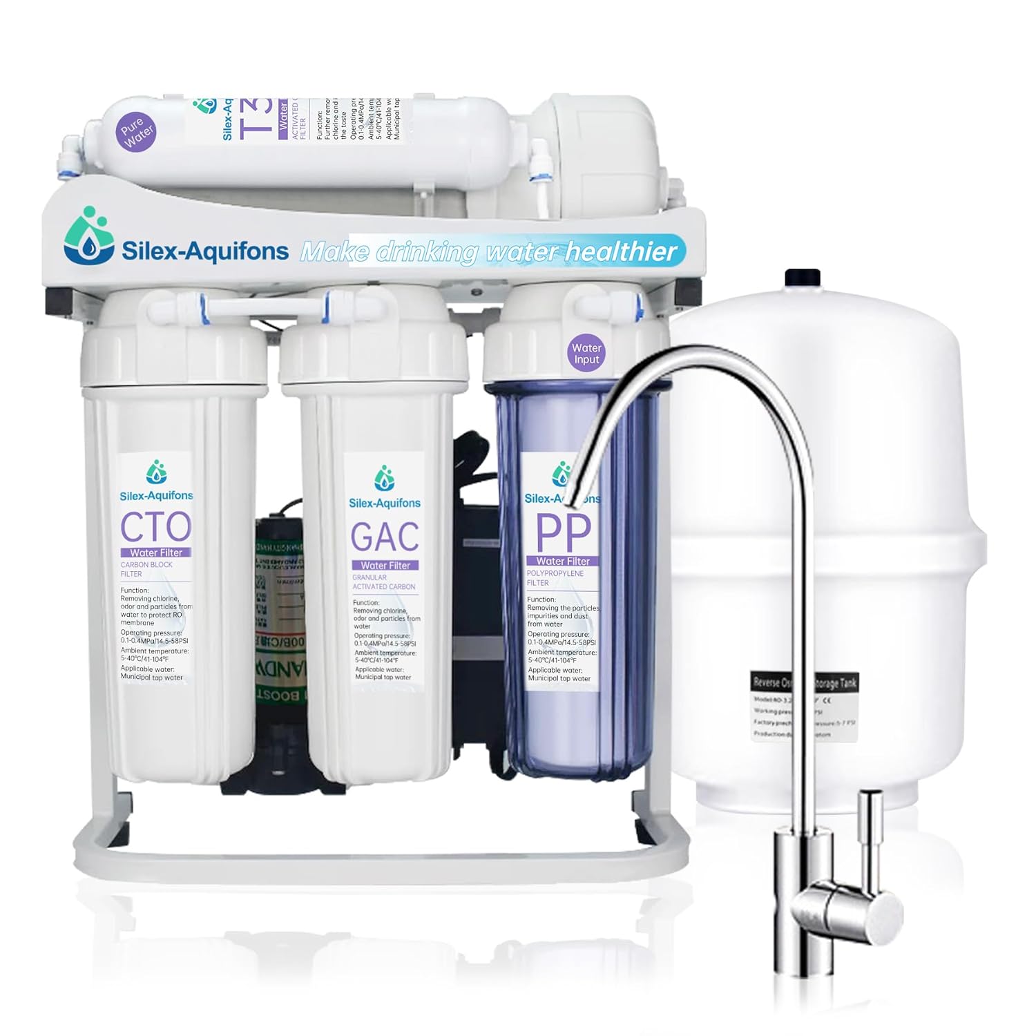 Silex-Aquifons Under-Snik Water Filter 5-Stage Reverse Osmosis Drinking Water Filter System with Faucet and Tank