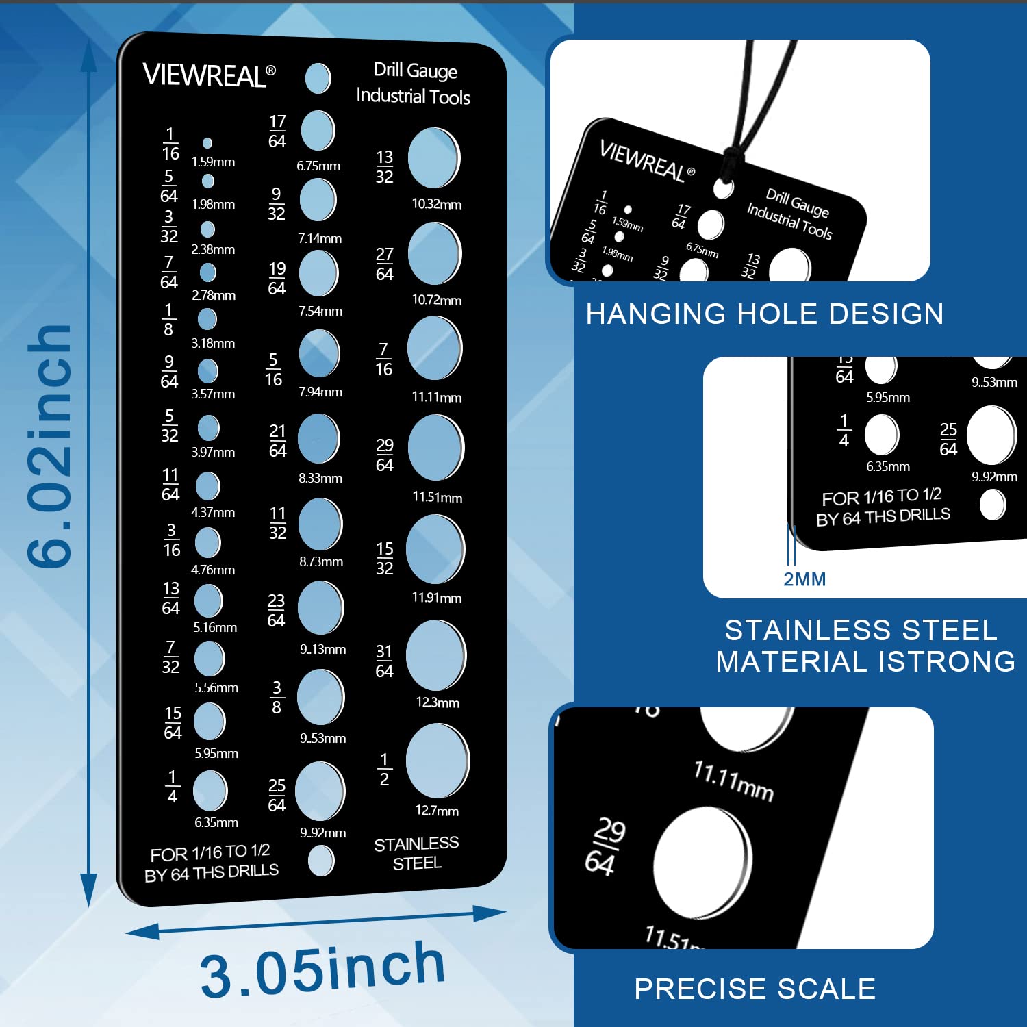 Drill Bit Gauge, Stainless Steel Drill Size Gauge Tool with 29 Holes for 1/16” to 1/2” Bits - Includes Fractional & Metric Sizes, 2-Pack (Black+Silver)