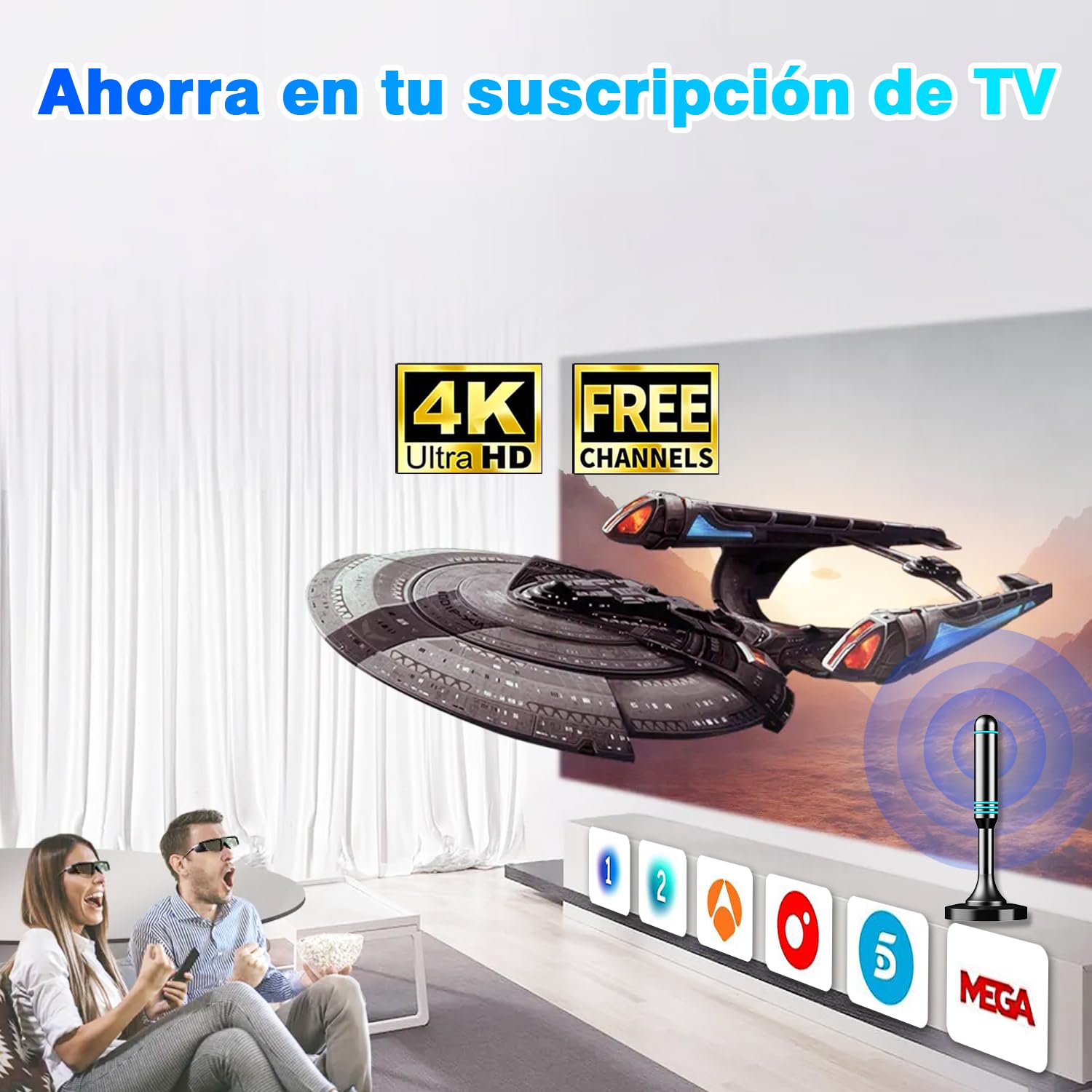 Antena TV Interior TDT HD 1080P 4K, Antena Portátil con Base Magnética, Recepción de Larga Distancia, Compatible con DVB-T/DVB-T2 y Smart TV, Acceso a Canales Locales Sin Suscripción