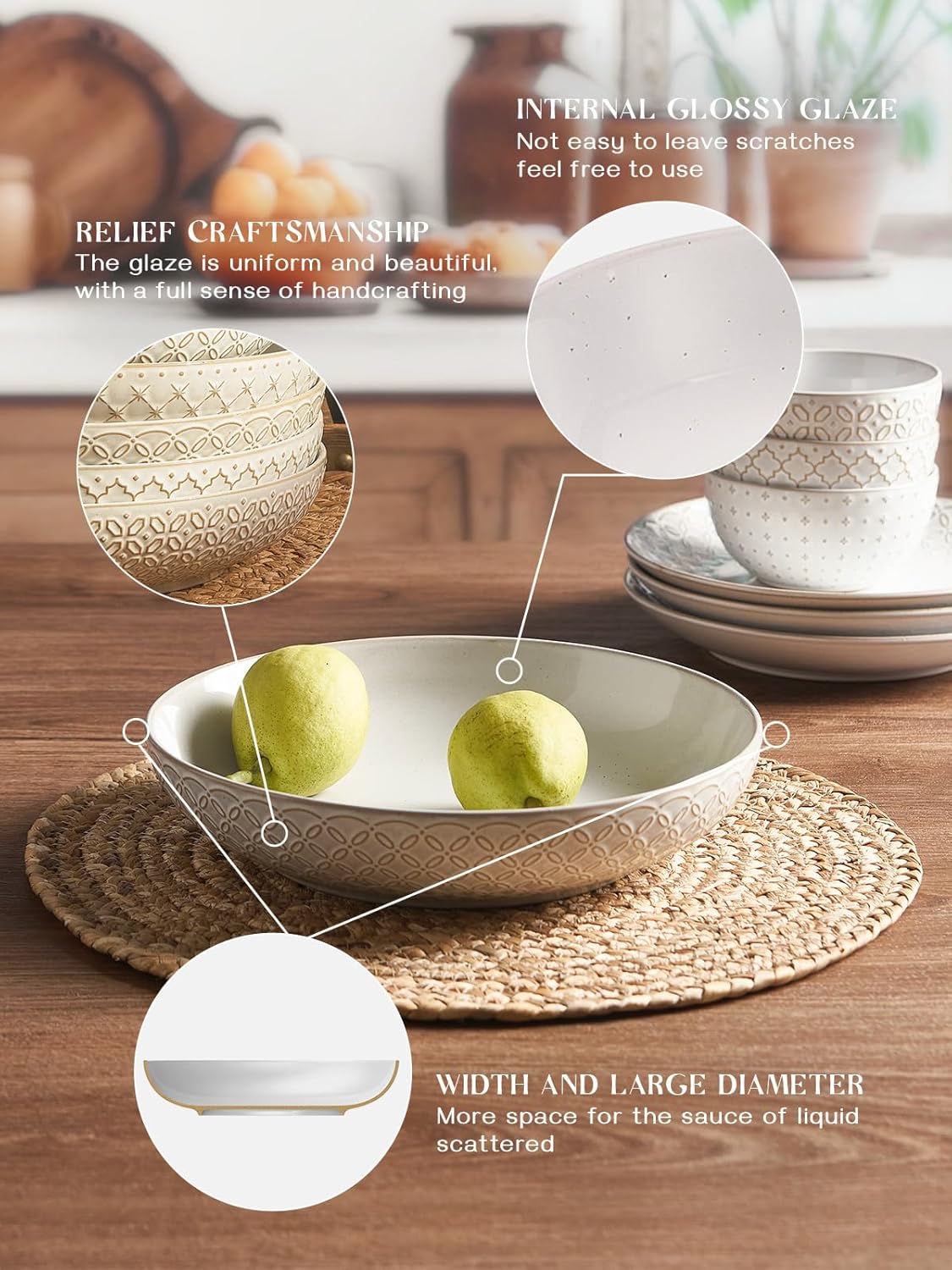 DOWAN 9.75" Pasta Bowls Set of 4 with Embossed Reactive Glaze, 56oz Large Shallow White Ceramic Salad Bowls, Wide Dinner Bowls for Pasta, Soup & Stew, Microwave & Dishwasher Safe, Housewarming Gift