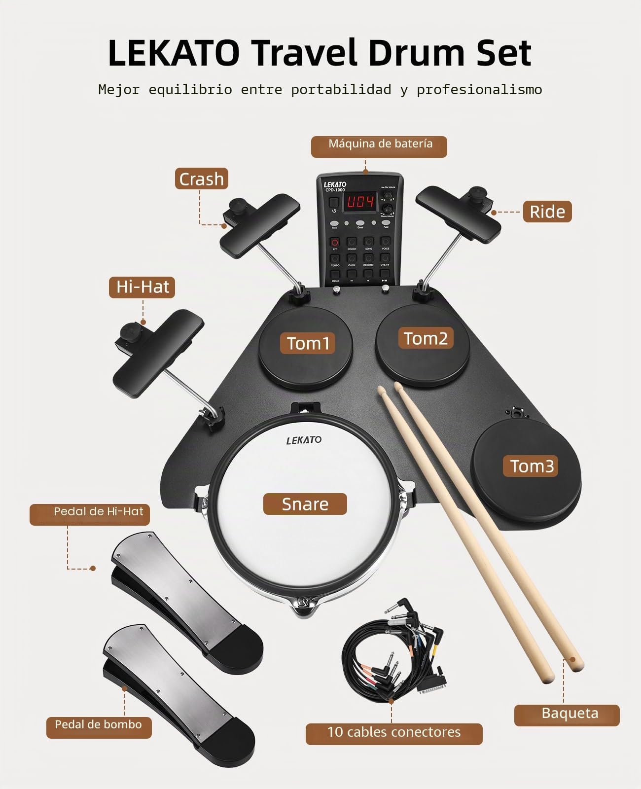 LEKATO Batería electrónica con almohadillas de malla silenciosas, kit de batería eléctrica portátil CPD-1000, más de 20 sonidos, USB MIDI, 2 pedales mejorados, palos, bolsa de viaje