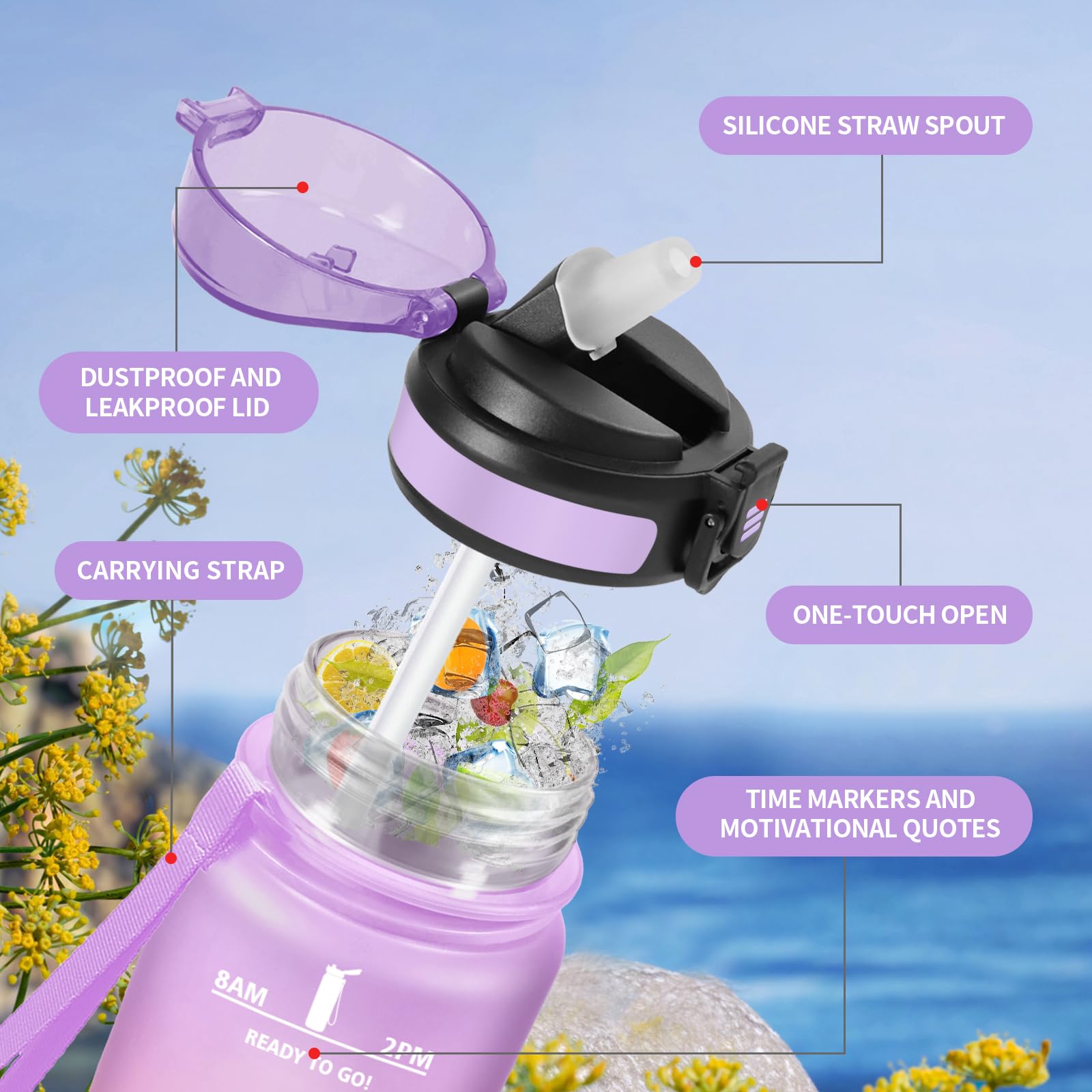 Borraccia Bambini 500ml, Borraccia con Cannuccia, a Prova di Perdite, Facile Pulizia, Bottiglia Acqua Motivazionale con Indicatore del Tempo, Bottiglia per Ufficio, Escursionismo, Bambini, Yoga