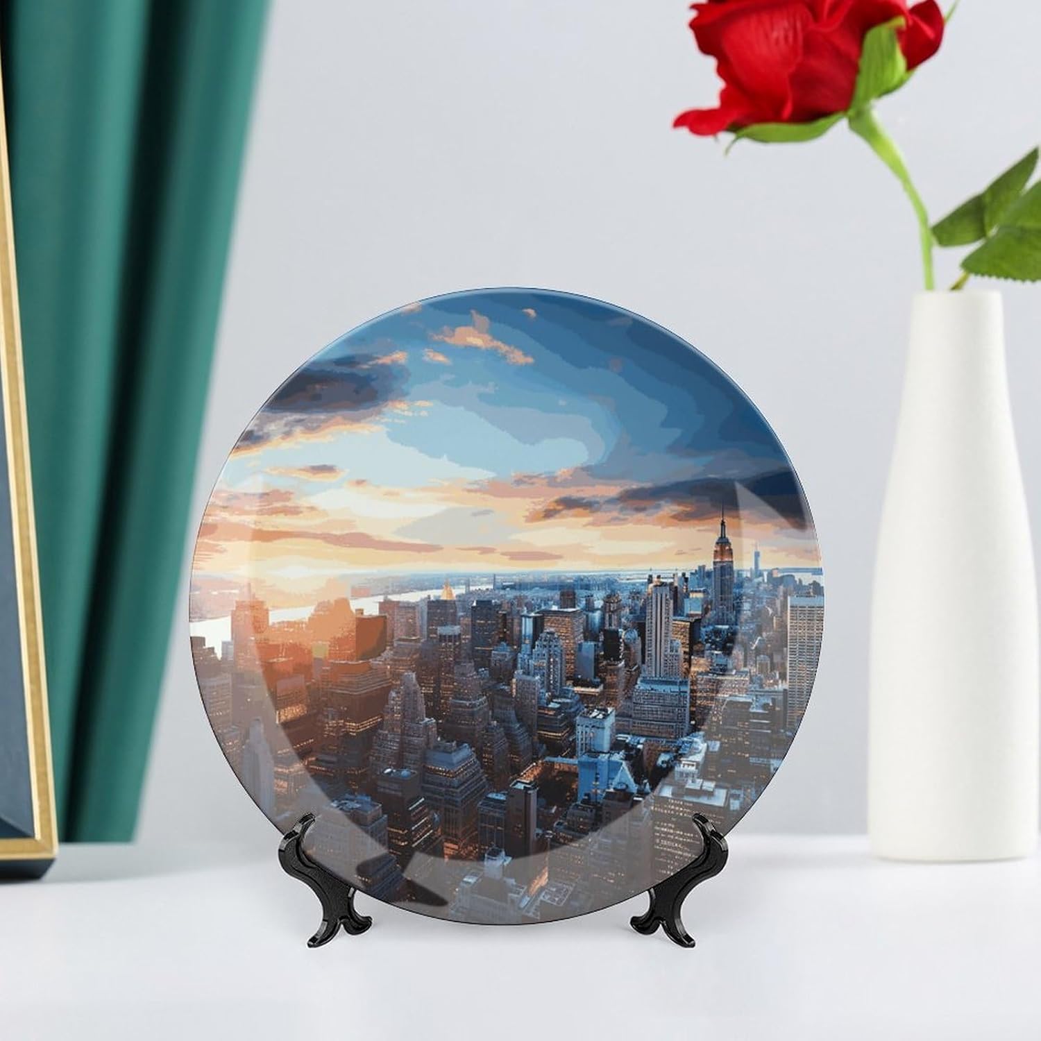New York City Skyline Bone China Decorative Plate with Display Stand, Ceramic Ornaments Plate for Wall Hanging, Personalized Porcelain Plates for Office, Living Room 8inch