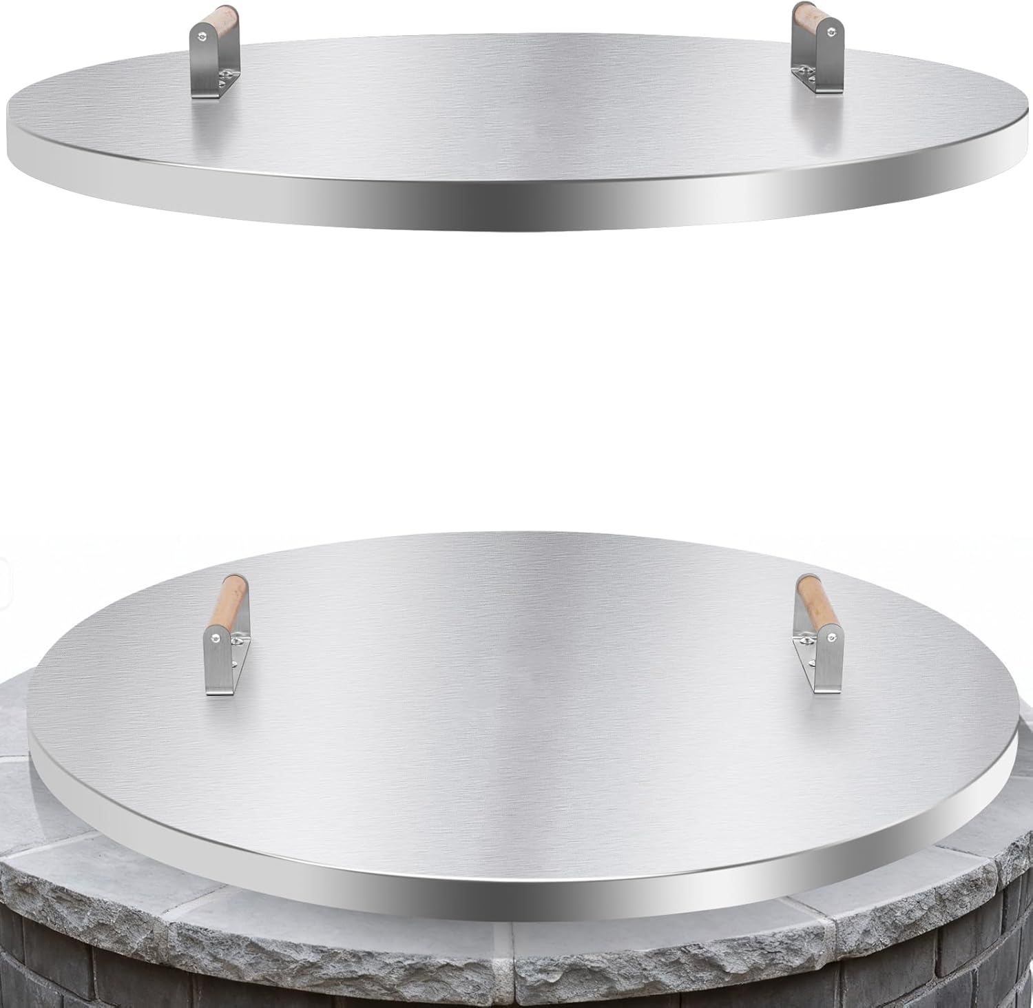 Fire Pit Lid Round - 38" Stainless Steel Rust Resistant Firepit Cover or Table with 2 Wooden Handles for Patio Fire Pit, Weatherproof for All Seasons, Fits Fire Pits Up to 36"