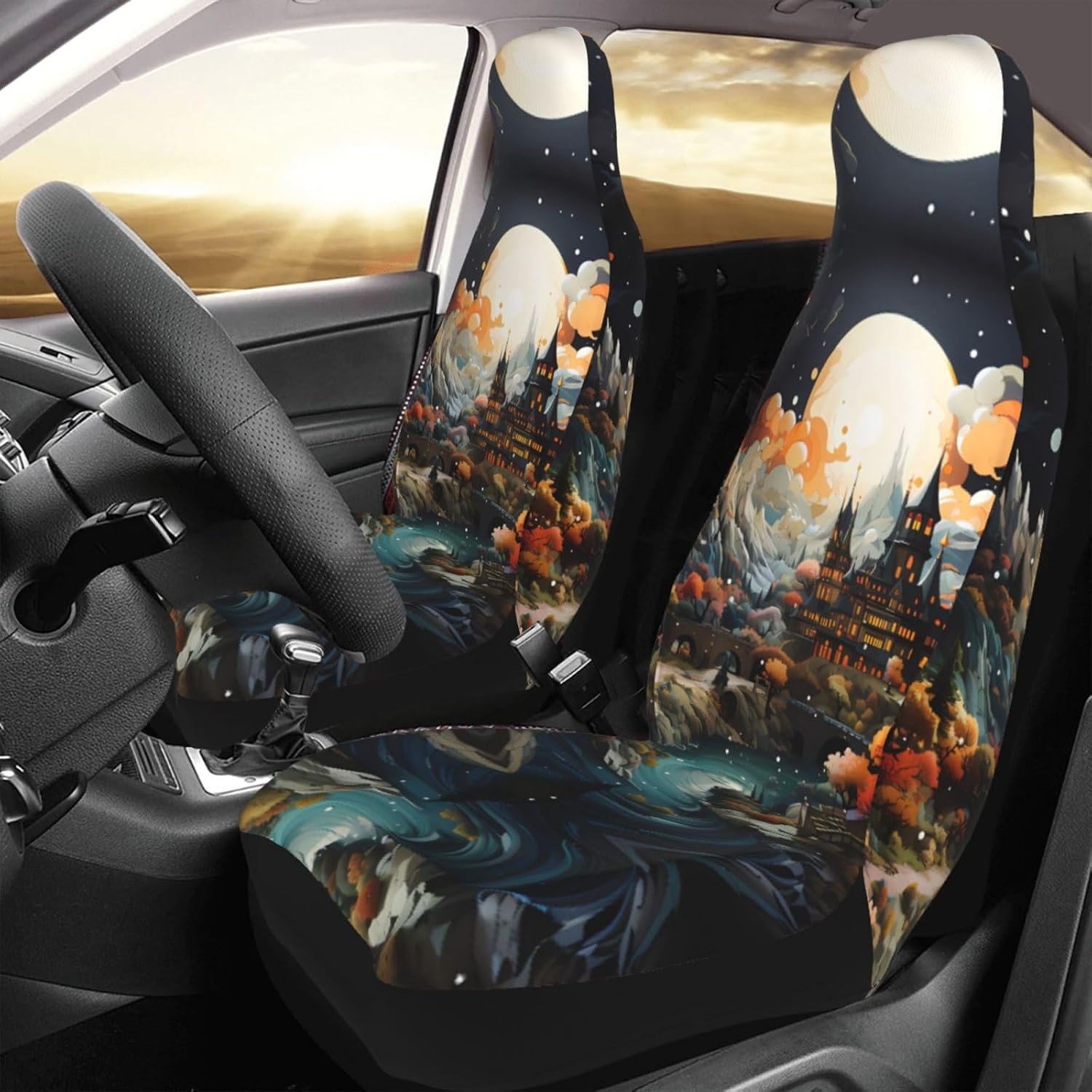Universal Castle in the Moonlight Printed car seat Covers are Suitable for Most Seats in Trucks, Vans, and Other Similar Vehicles.