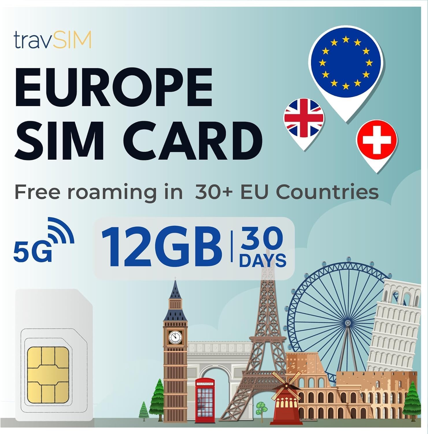 travSIM Europe SIM Card | 12GB Mobile Data at 4G/5G speeds | Free Roaming in UK, Switzerland & 30+ EU Countries | Plan on Europe SIM Card for Travel is Valid for 30 Days