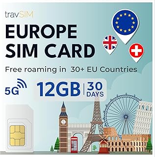 travSIM Europe SIM Card | 12GB Mobile Data at 4G/5G speeds | Free Roaming in UK, Switzerland & 30+ EU Countries | Plan on Europe SIM Card for Travel is Valid for 30 Days