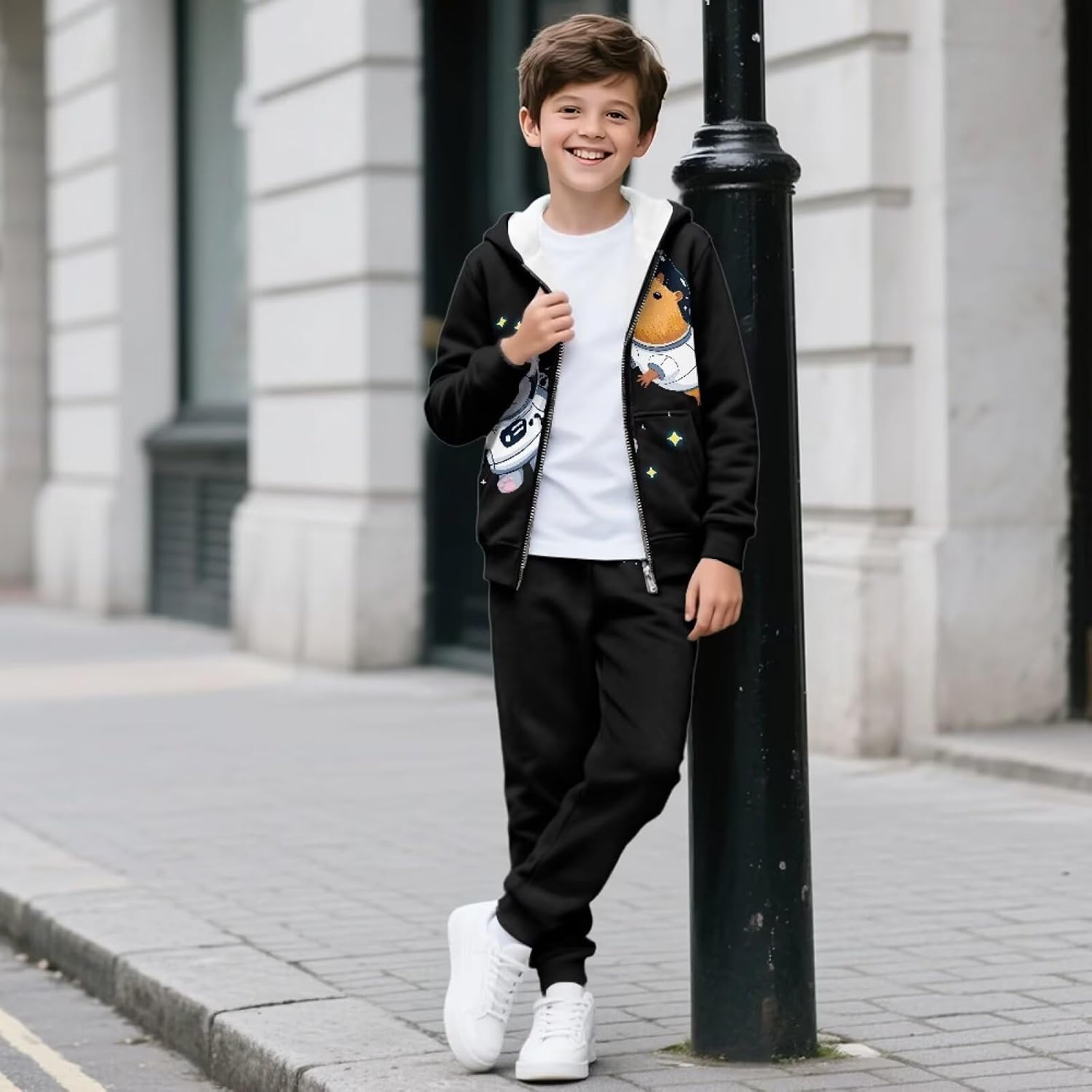 3D Printed Kids Zippered Sportswear Suit with Pocket Jogger Sets Top and Pant 2PCS for Girls Daily Wear 6-15T