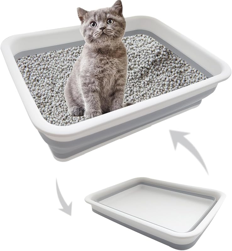 Collapsible Kitten Litter Box Low Entry Small Cat Litter Box S | 14.6 x 10.6 x 4.8 inch Shallow Travel Litter Box For Senior Cats Open Cat Potty Pan Cat Toilet (Small gray 1pcs)