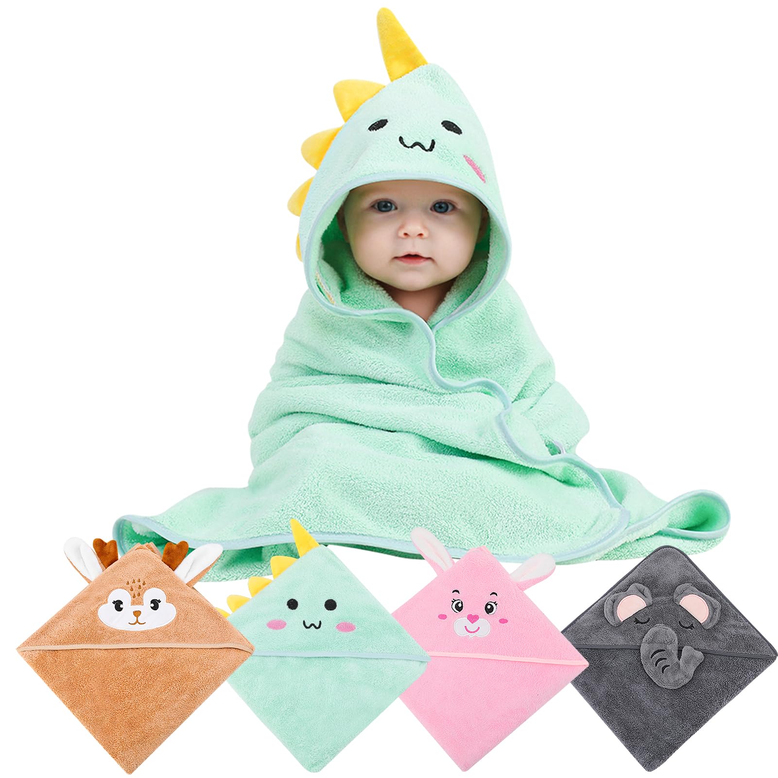GSrenyu 4 Pcs Hooded Baby Towels Set, 80x80cm Absorbent Soft Bath Towels with Cute Animal Design for Baby Boy and Girl