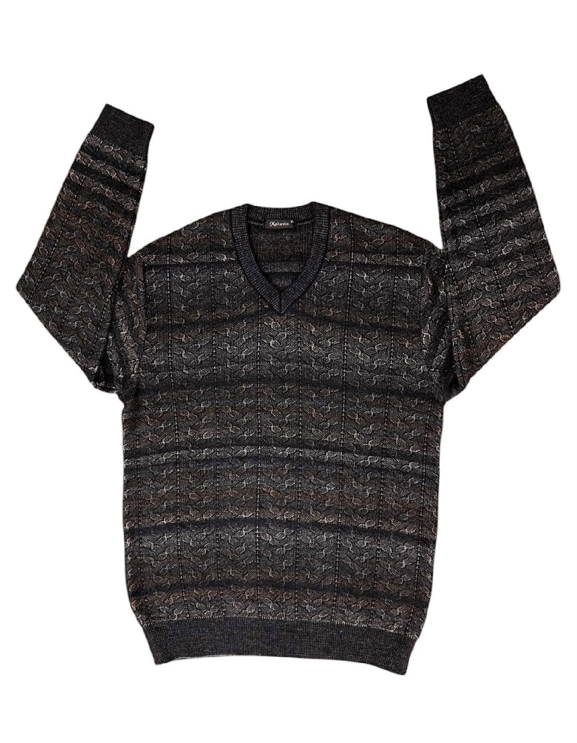 Kalevio Men's V-Neck Knit Sweater, Dark Patterned Pullover-picture-34