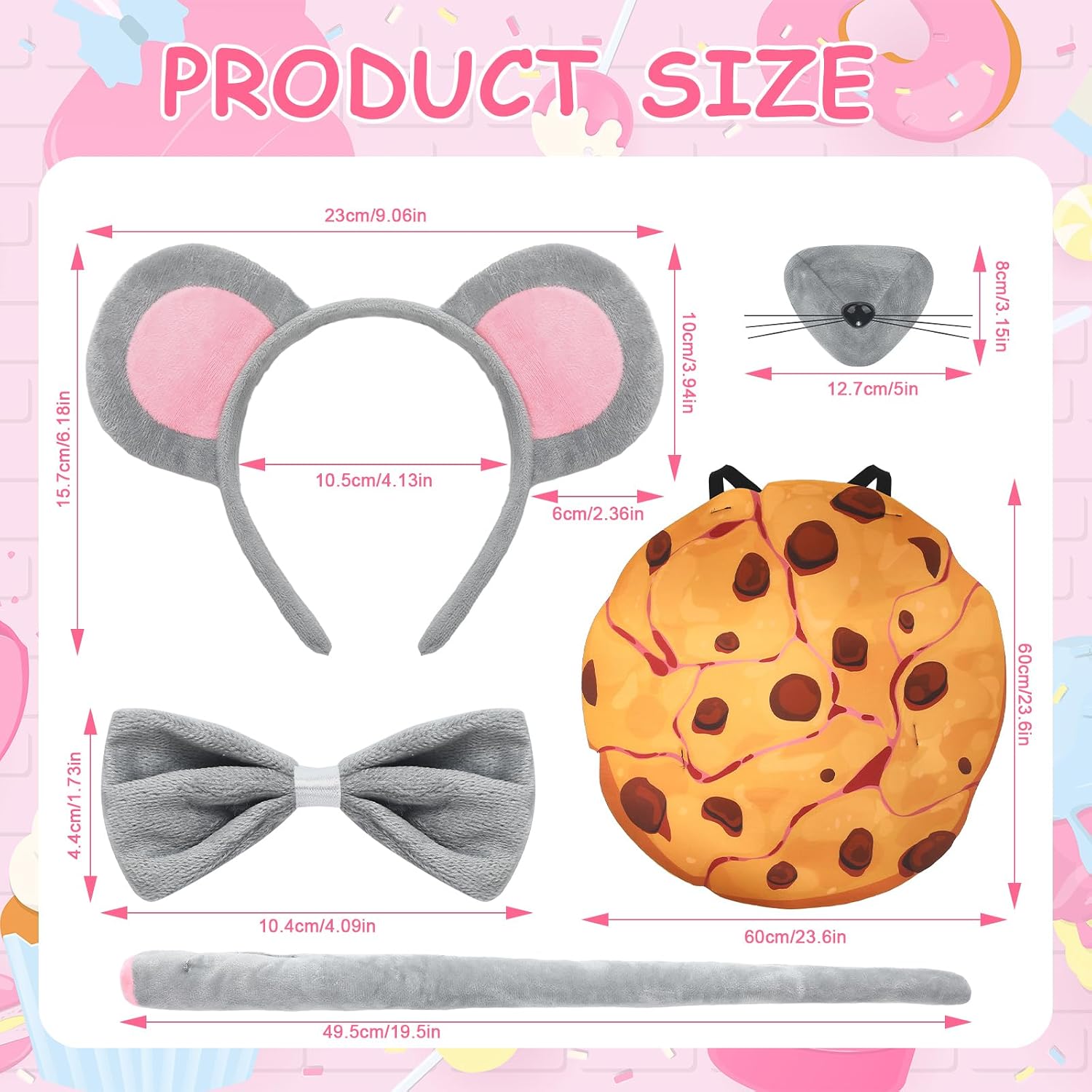 Maiteenly Book Story Character Costume Set Mouse/Dog/Cat/Pig & Cookie/Donut/Cupcake/Pancake Dress up Accessories for Adult