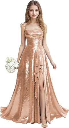Sparkly Sequin Junior Bridesmaid Dress Long Spaghetti Strap Prom Dresses for Teen Girls Wedding Pageant Gown