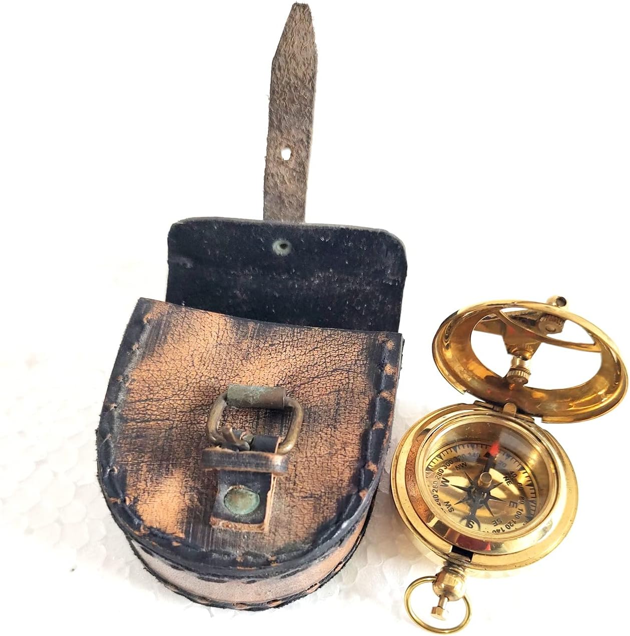 2 Piece Golden & Nicale Polish Solid Brass Push Button Compass & Sundial with Lather Case Size Measures 1.75 Inches in Diameter.