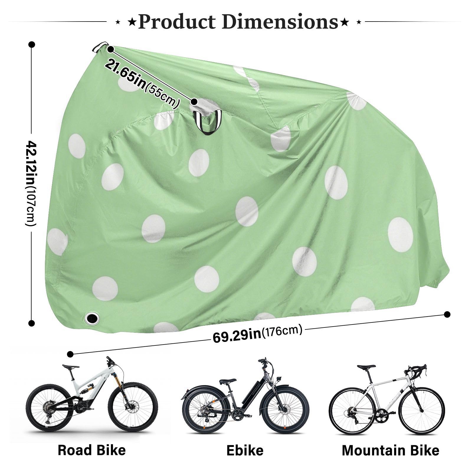 Housse de vélo d'extérieur imperméable à pois vert clair avec trous de verrouillage pour intérieur ou extérieur - Convient à la plupart des cobertor para bicicleta