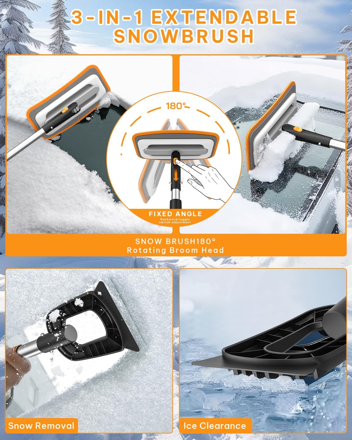 helloleiboo 39.8 Snow Brush for Car Extendable Snow Broom Detachable Ice Scrapers with 12-Inch 180° Pivoting Brush Head for Car Truck SUV (Orange)