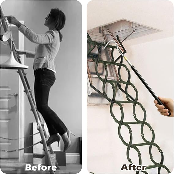 Attic Pull Down Hook, Adjustable 60 inch Rod with Handle Screw Brass Ring, Stainless Steel Attic Pull System Tool Kit for Ceiling Access Roof Inspections