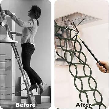 Attic Pull Down Hook, Adjustable 60 inch Rod with Handle Screw Brass Ring, Stainless Steel Attic Pull System Tool Kit for Ceiling Access Roof Inspections