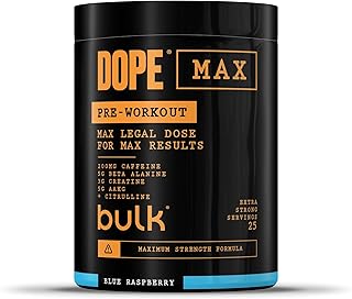 Bulk Dope Max Polvere Pre-allenamento | 563 g | 25 porzioni | Alto Contenuto di Caffeina 200mg | 5g Beta Alanina | 3g Creatina | Miscela AAKG & Citrullina | Vitamina B6 | Blue Raspberry