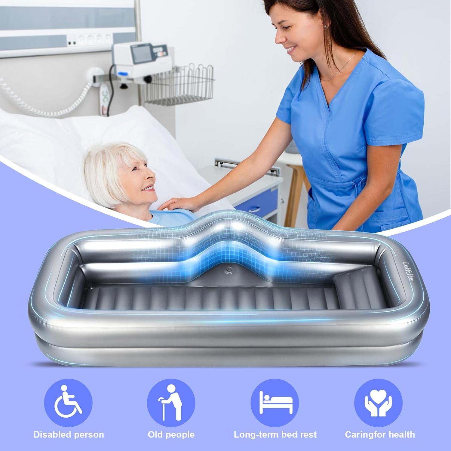 Medical Inflatable Bathtub for Bedridden - One Person Drainage, Curved Side, Built-in Air Cushion, Electric Pump - Portable Bed Bath Tub for Elderly, Disabled & Seniors
