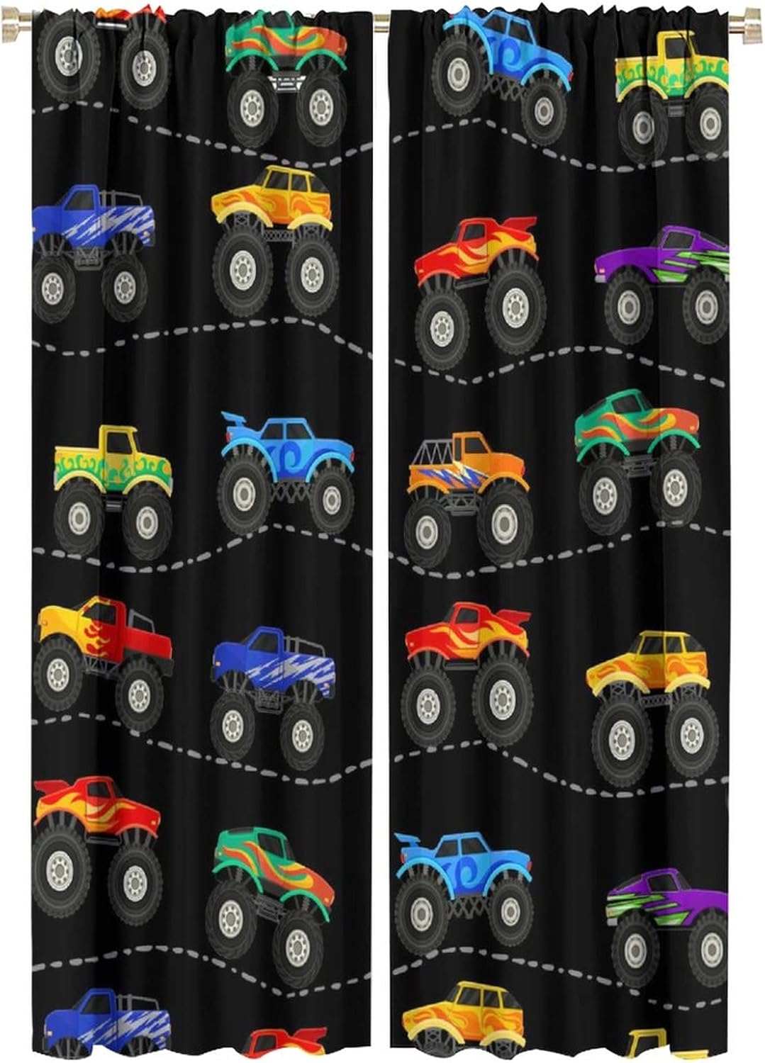 Kids Monster Truck Blackout Curtains - Colorful Rainbow Cartoon Monster Truck Rod Pocket Window Drapes Set Energy Saving Thermal Insulated Drapes for Living Room Nursery,2 Panels 63L x 21W